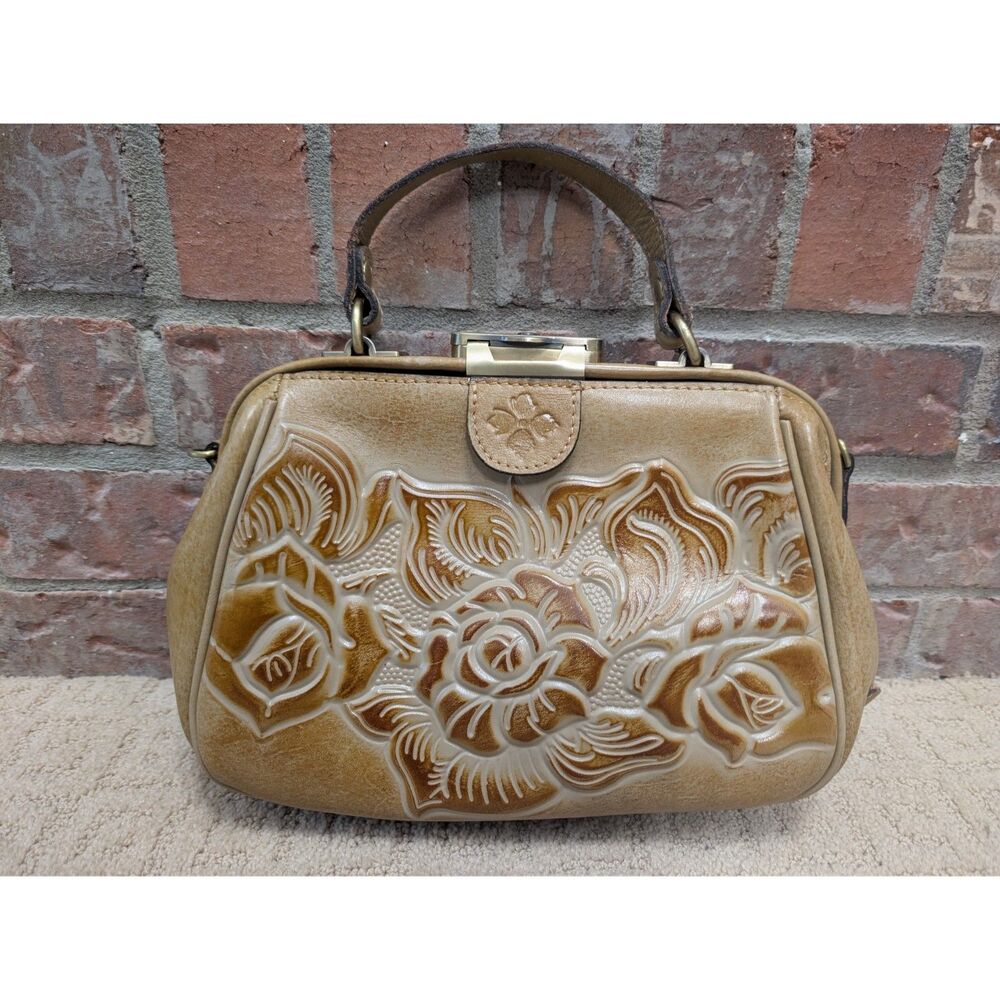 Patricia Nash Purse Gracchi Frame Tooled Light Brown Tan Leather Satchel Handbag